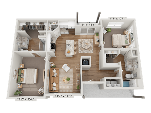 Floor plan for 2 beds, 2 baths, 1041 sqft